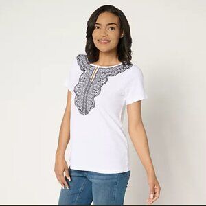 Susan Graver Textured Cotton Embroidered Top White/Black XL A692165
